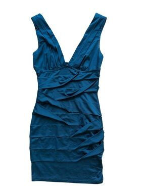 Sleeveless Teal Ruched V-Neck Mini Dress